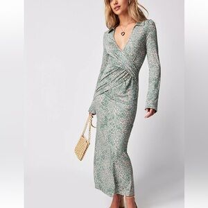 Free People Shayla Wrap Midi Retro Dress Blue Green Mint Combo Women Size L New